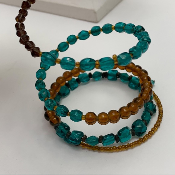 Turquoise teal amber brown glass beaded boho bohemian memory wire bracelet - Picture 5 of 8